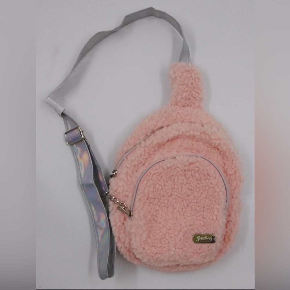 Justice Blush Fuzzy Kids Bag with Iridescent Strap